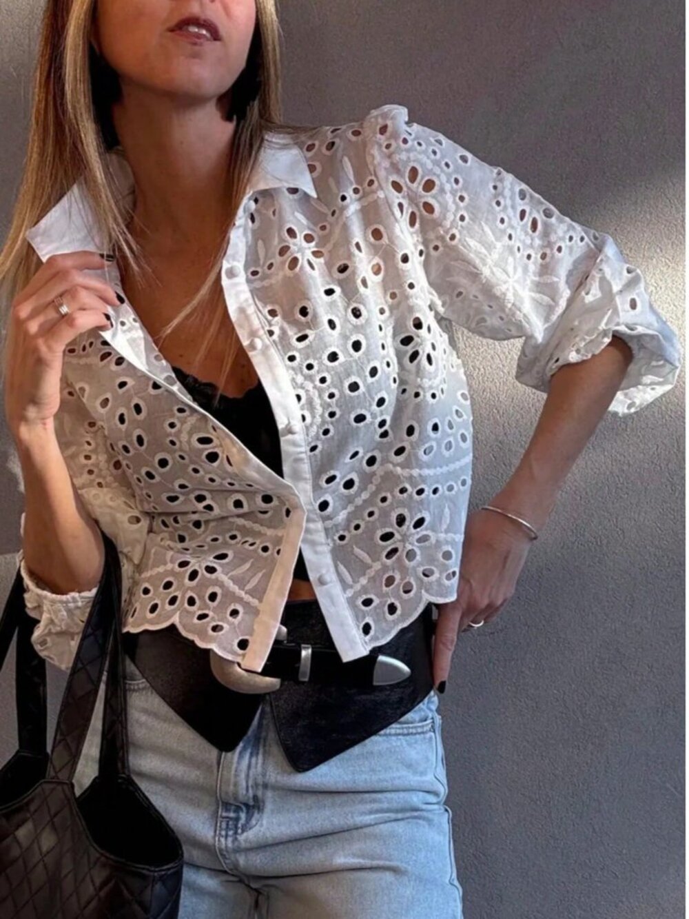 White Boho Women's Single-Breasted Embroidered Hollow Casual Vacation Shirt - Picture 4 of 8